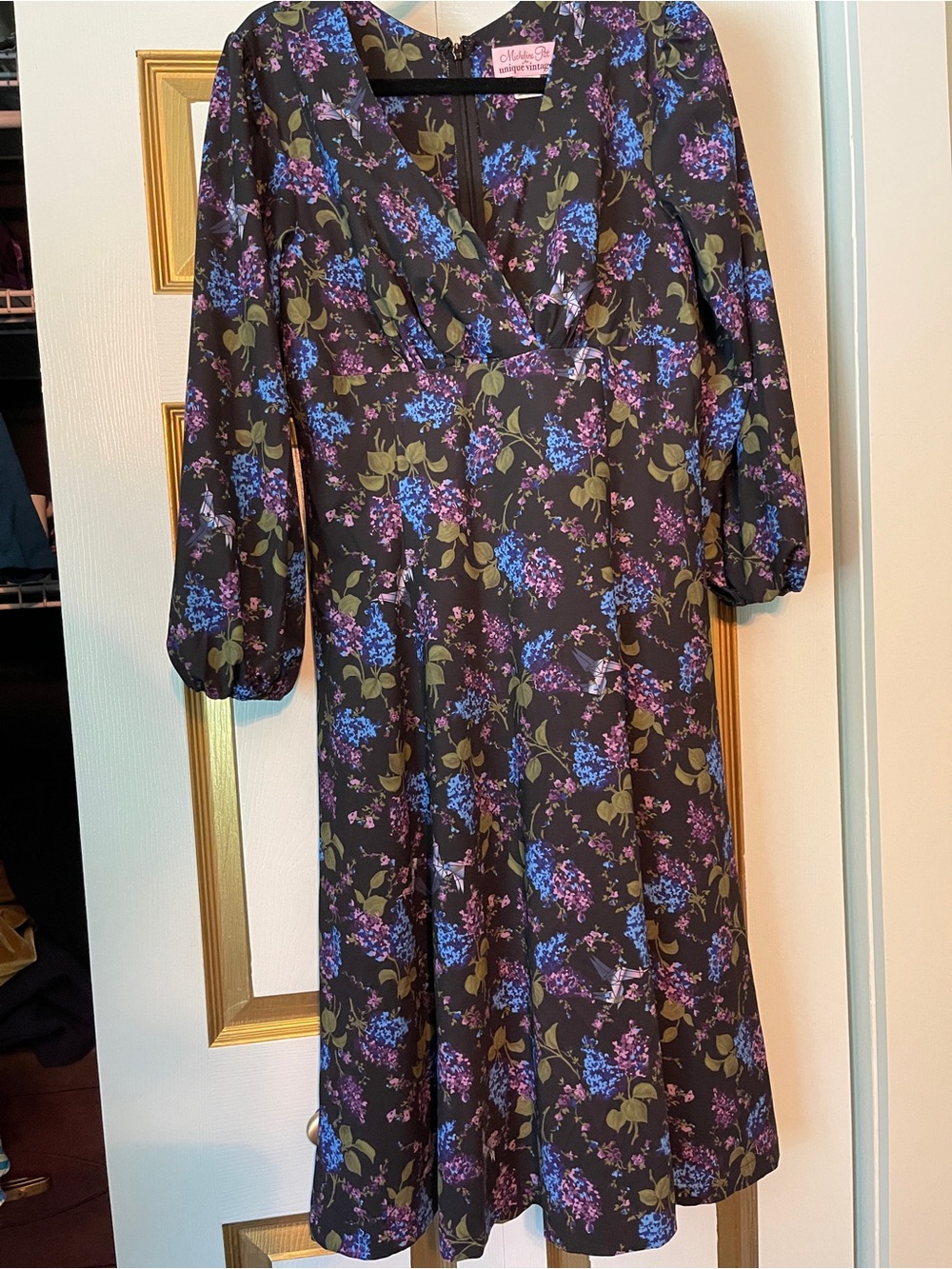 Unique Vinage x Micheline Pitt Pris Black Floral Midi Dress 1950s origami